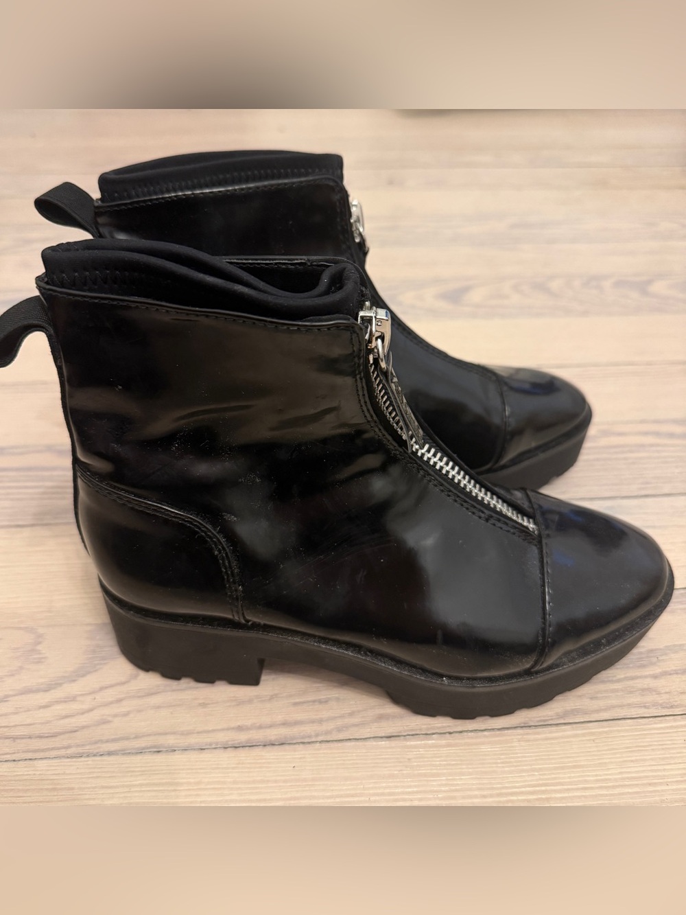 ZARA Women’s Black Patent Front Zip Lug Sole Ankle Boots EU 35